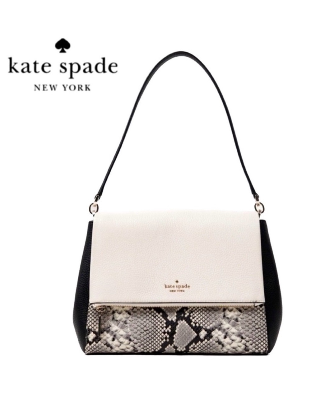 KATE SPADE LEILA MIXED PEBBLED LEATHER SNAKESKIN PRINT MED FLAP SHOULDER BAG NEW